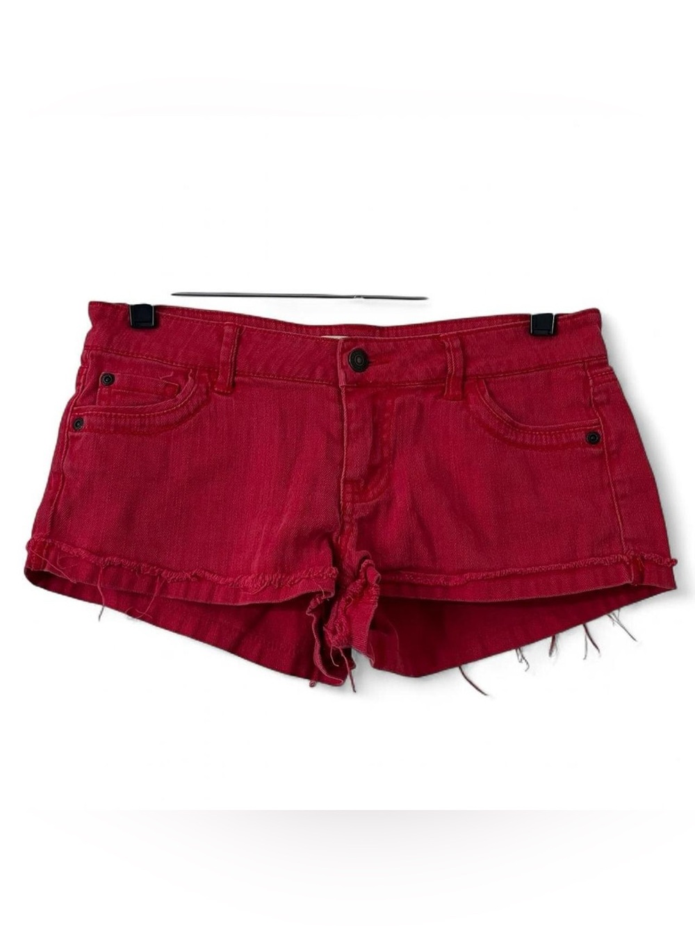 Women’s Small 27” Forever 21 Low Rise Red Denim Y2K Jean Shorts Cuffed Frayed